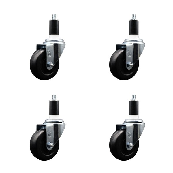 3.5'' SS Soft Rubber Wheel Swivel 1-3/8'' Expanding Stem Caster Set, 4PK